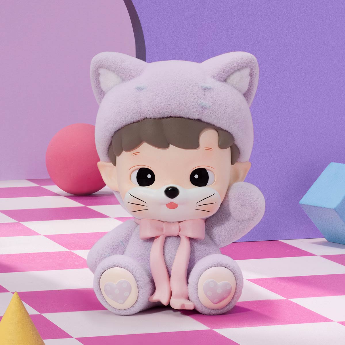 HACIPUPU Rolling Time Machine Series Figure in lilac cat onesie, surrounded by pastel geometric props, available for preorder from Strangecat Toys.