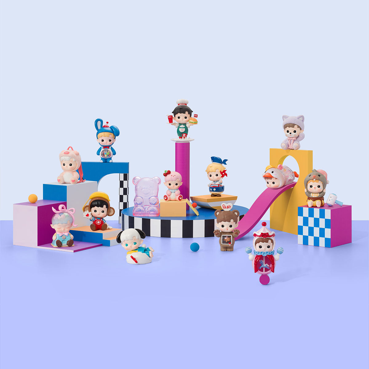 Whimsical HACIPUPU Rolling Time Machine Series Figures displayed on geometric shapes, showcasing playful, chubby-cheeked characters in diverse costumes for preorder.