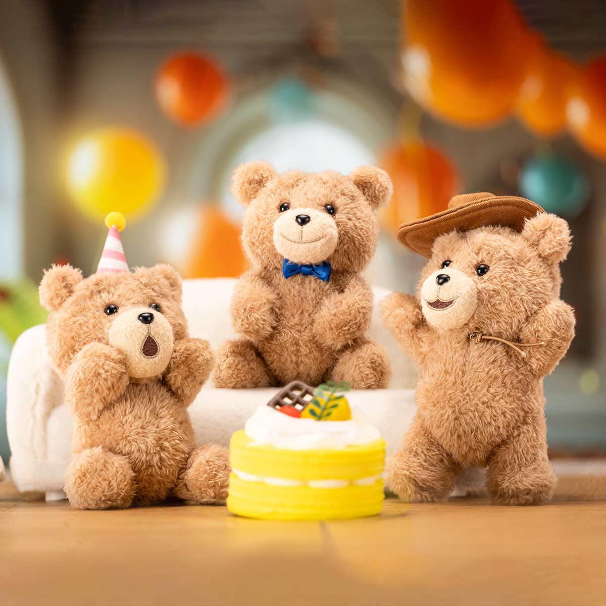 Ted2 Teddy Bear Action Plush Pendant features three playful teddy bears celebrating with a cake, showcasing unique accessories like a bow tie and hats.