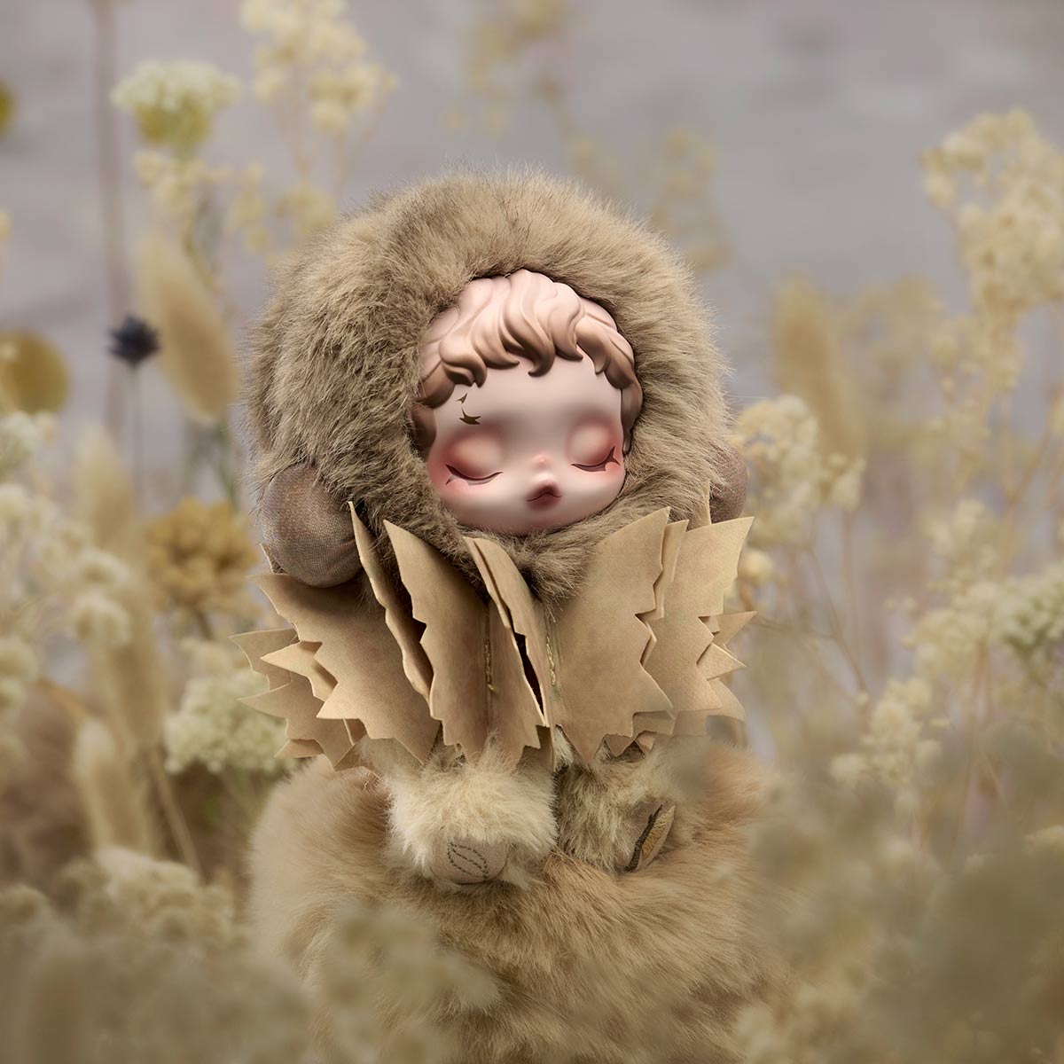 SKULLPANDA L'impressionnisme Series Plush Doll in tan furs with a porcelain-like face, framed by a paper-like collar amidst muted beige and cream tones.