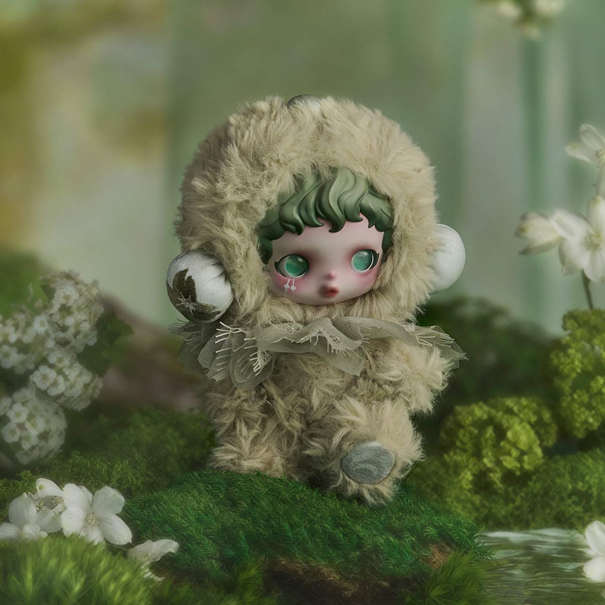 SKULLPANDA L'impressionnisme Series Plush Doll in a fur-like suit with green eyes, headphones, displayed on moss with blossoms; part of a collectible series.