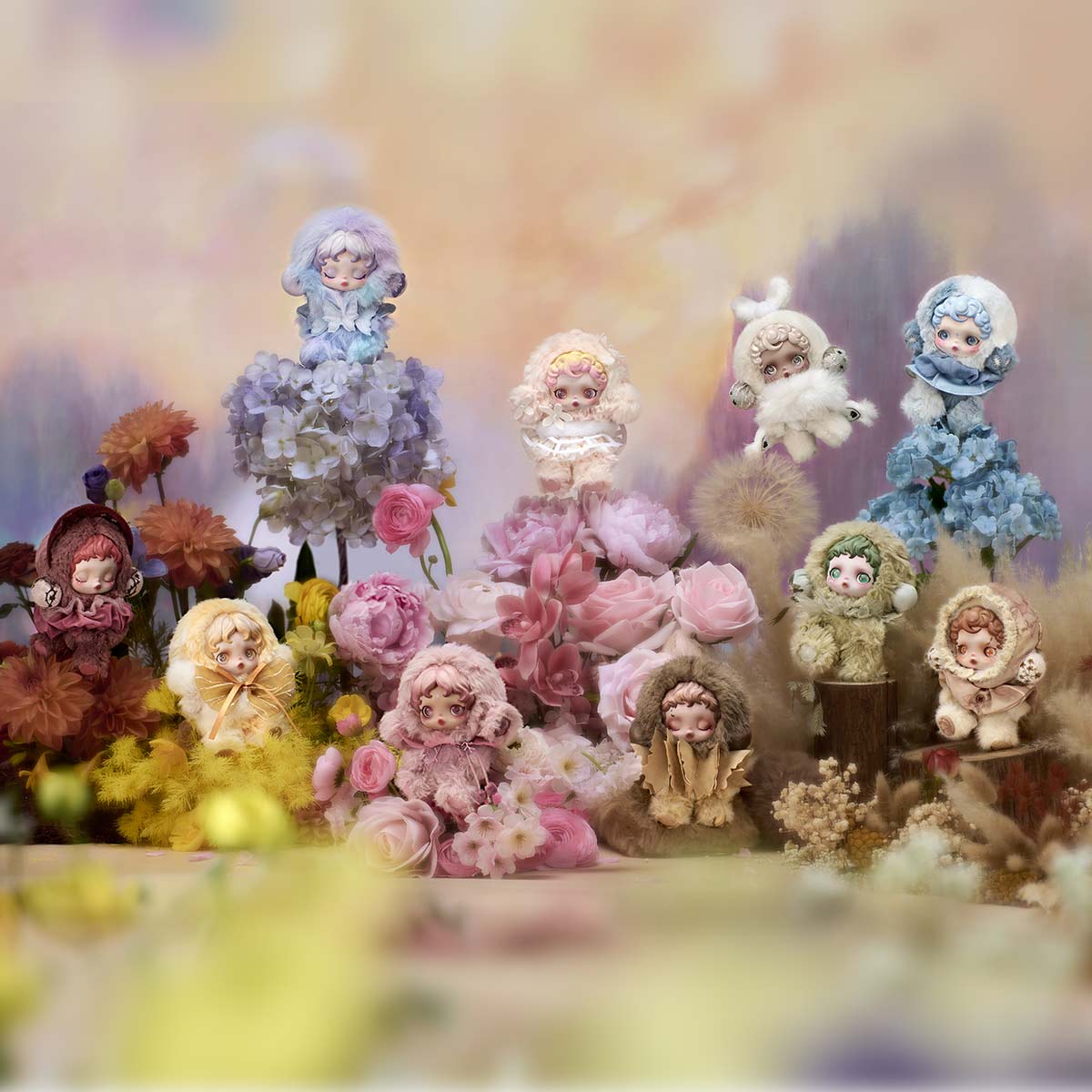 SKULLPANDA L'impressionnisme Series Plush Doll figures in animal costumes nestled among pastel blooms, showcasing 9 designs and a secret option.