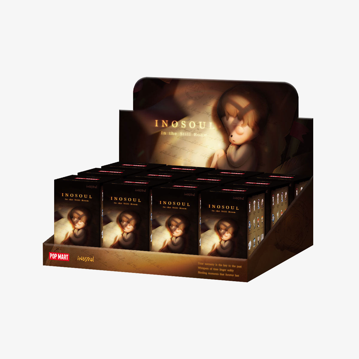 Countertop display of sealed INOSOUL – In the Still Room blind-box figures, each box featuring a sleeping-child illustration. Contains 12 designs, including one secret.