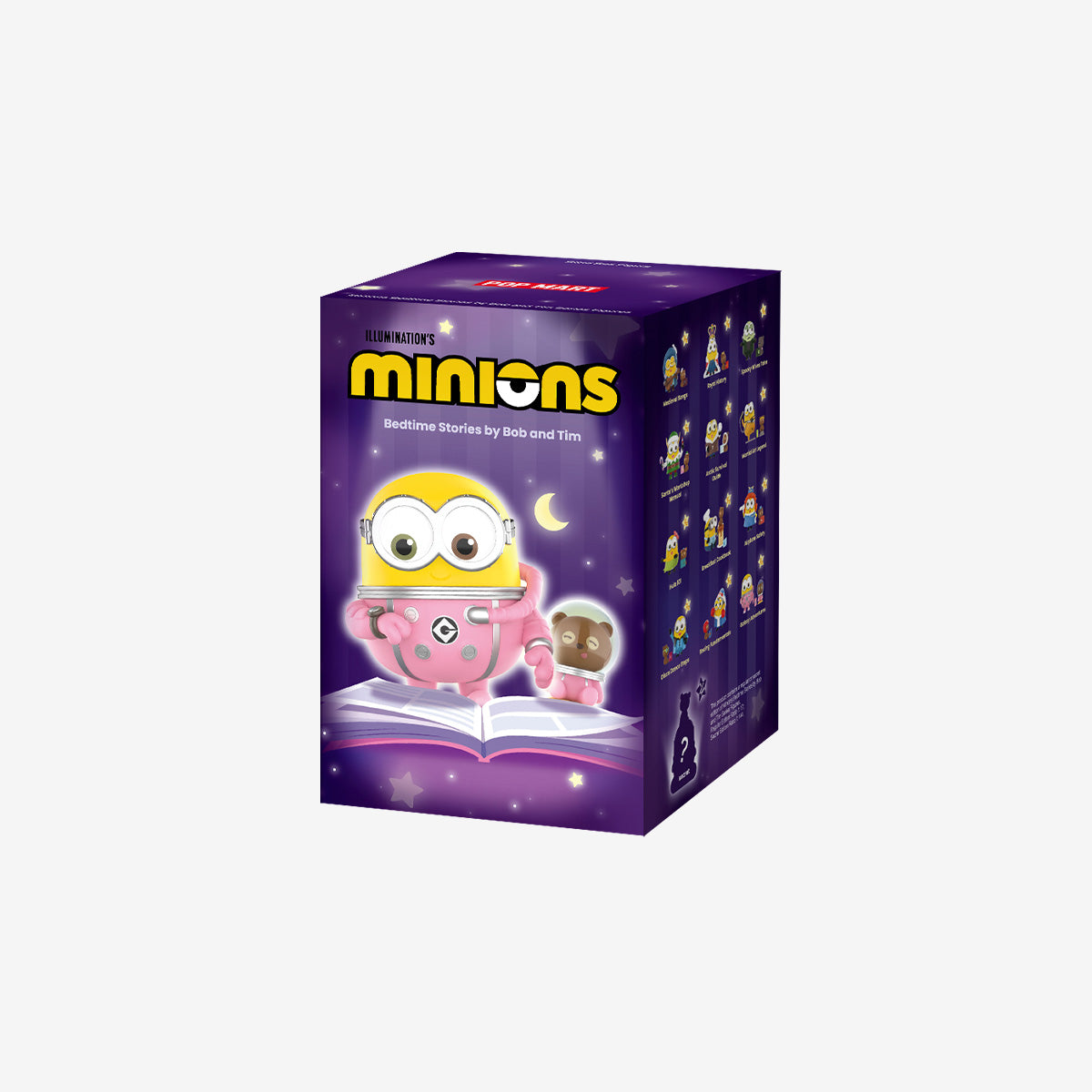 Minions Bedtime Stories by Bob and Tim Series Figures packaging shows a minion in pajamas reading under a moon, with lineup of potential characters on the side.