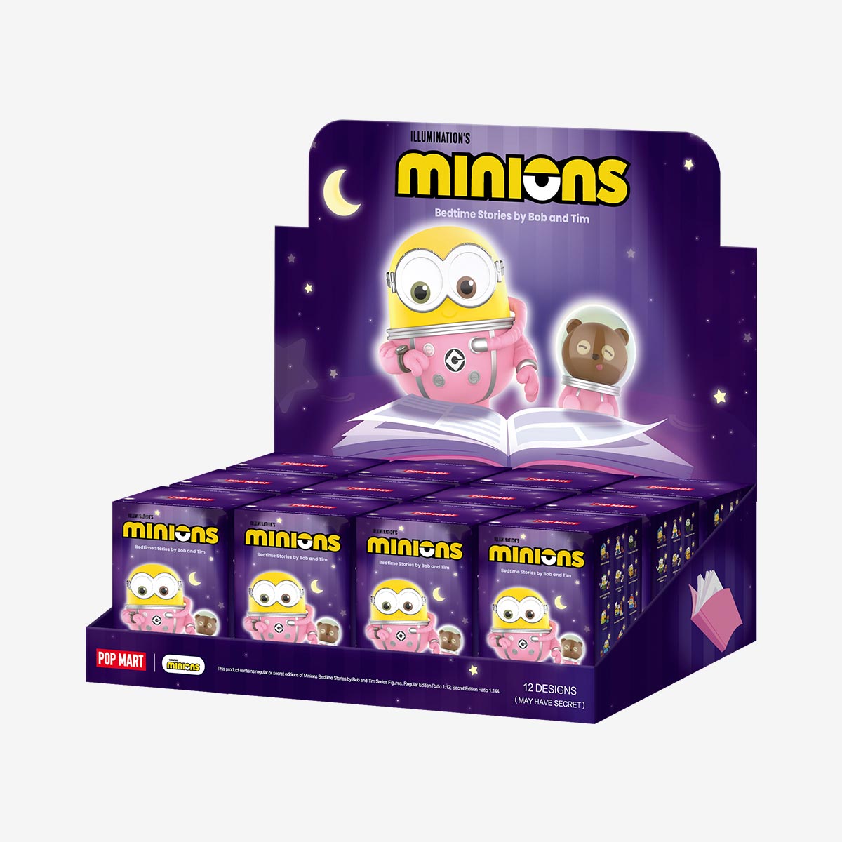 Minions Bedtime Stories by Bob and Tim Series Figures: Retail display with 12 collectible blind-box designs, themed on bedtime stories with a chance of a rare secret figure.