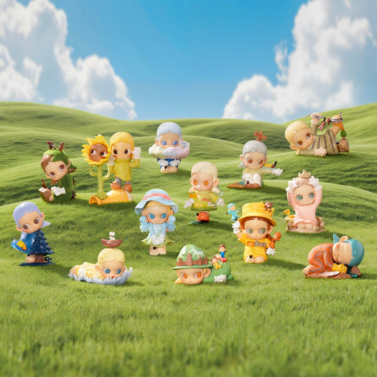 Zsiga Take It Slow Series Figures: 12 nature-themed vinyl figures with oversized eyes, set on a grassy hill. Includes 12 regular designs, plus 1 secret.