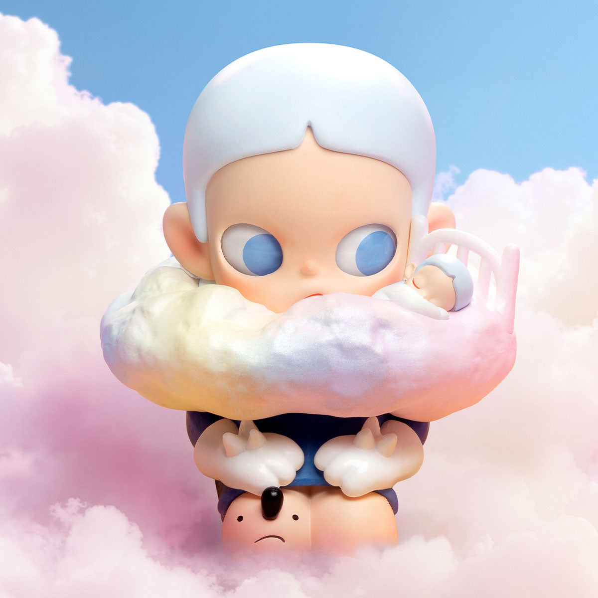 Zsiga Take It Slow Series Figure: whimsical, big-headed character with a rainbow cloud scarf, cradling a sleeping baby figure, embodying surreal collectible art toy design.