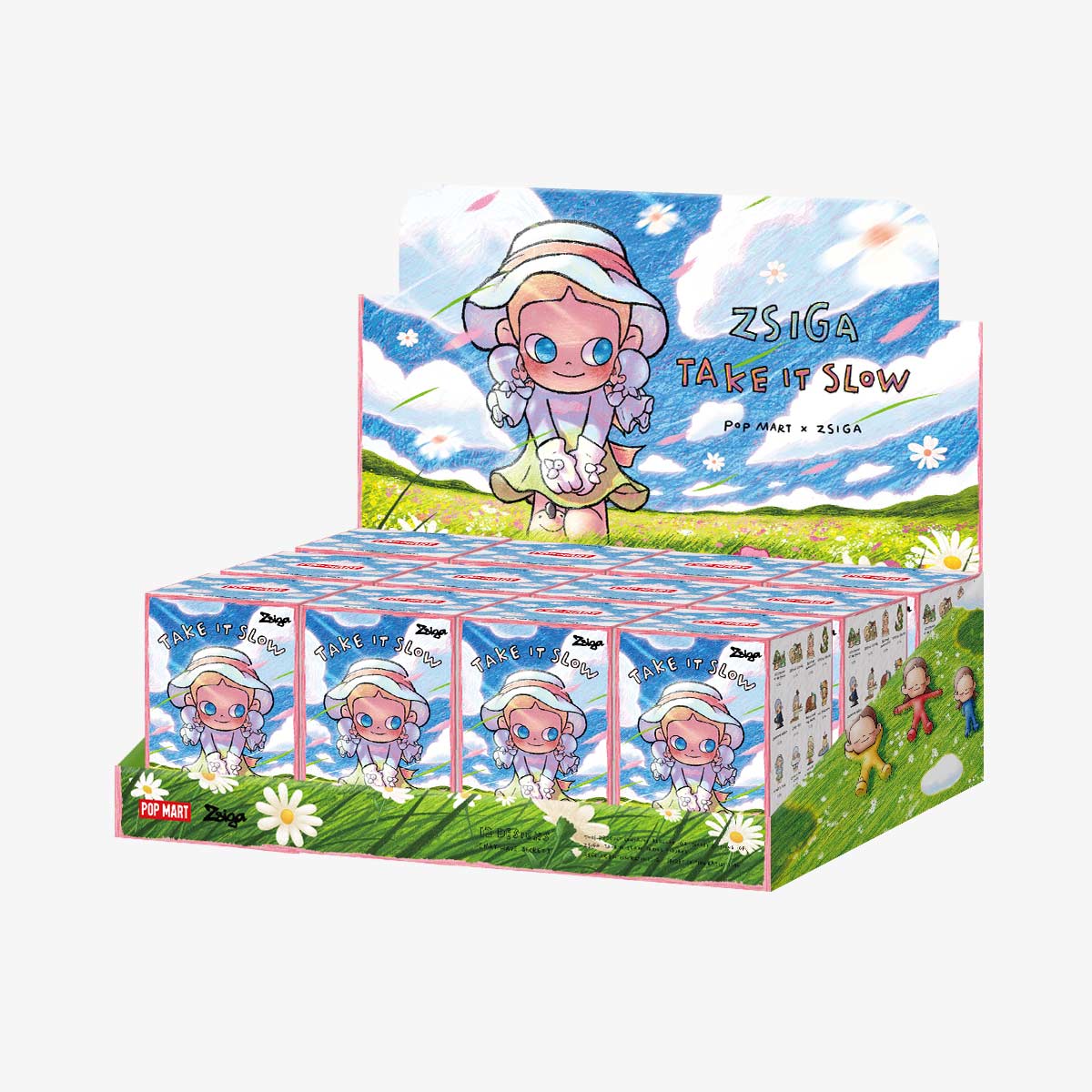 Zsiga Take It Slow Series Figures displayed in blind-boxes, showcasing collectible figurines in a pastel theme, part of Pop Mart's collaboration with artist Zsiga.