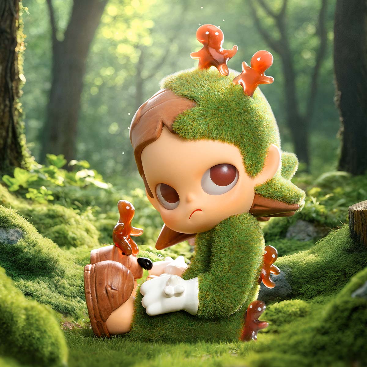 Zsiga Take It Slow Series Figure: a whimsical, oversized-headed character with moss-like fur, wood-textured features, and amber blob creatures, set in a fairy-tale forest.