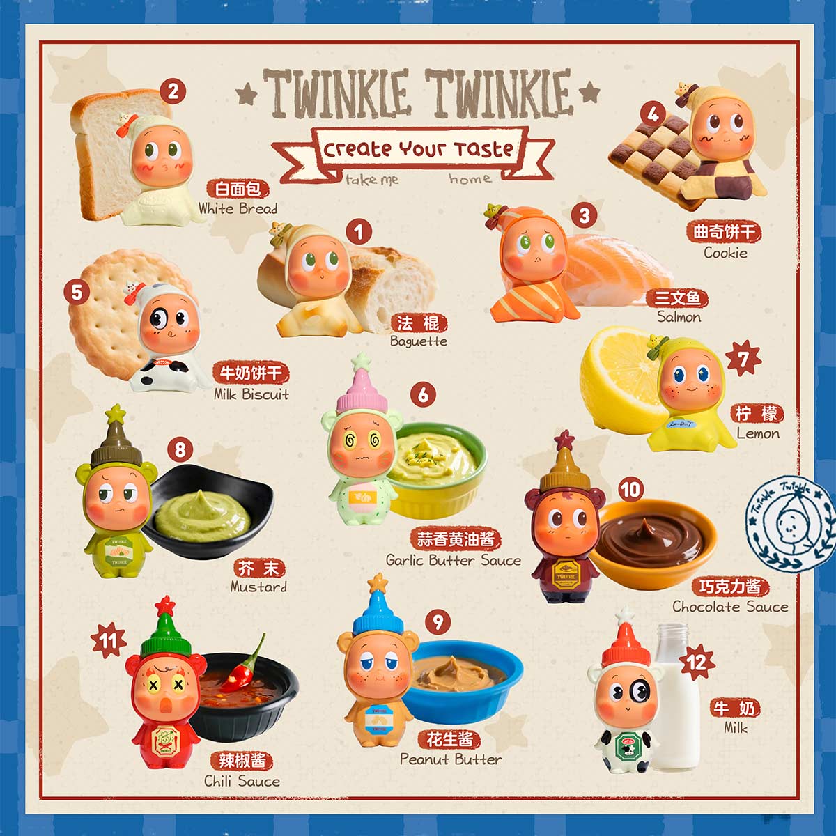 Twinkle Twinkle Create Your Taste Series Figures - Preorder; twelve collectible food-themed figures, including baguette and chocolate sauce, available from Strangecat Toys, shipping end of Nov 2025.
