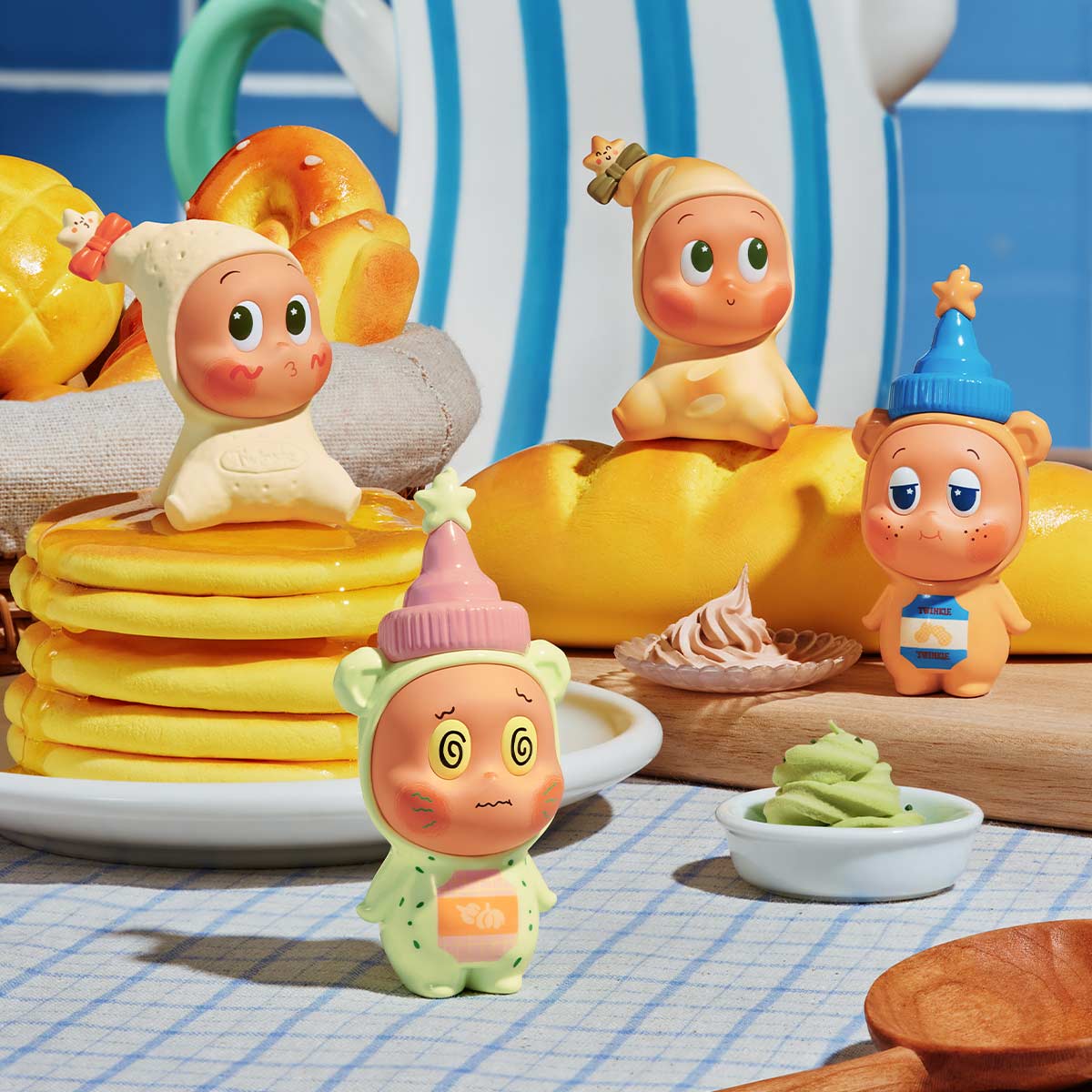 Twinkle Twinkle Create Your Taste Series Figures - Preorder; playful vinyl toys in food-themed outfits, posed among pancakes and spreads, available for preorder at Strangecat Toys.