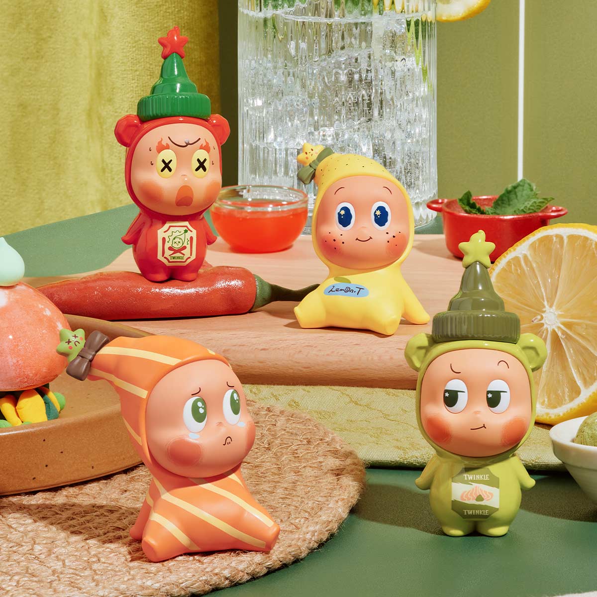 Twinkle Twinkle Create Your Taste Series Figures, featuring four whimsical produce-themed characters amid kitchen props, available for preorder at Strangecat Toys.