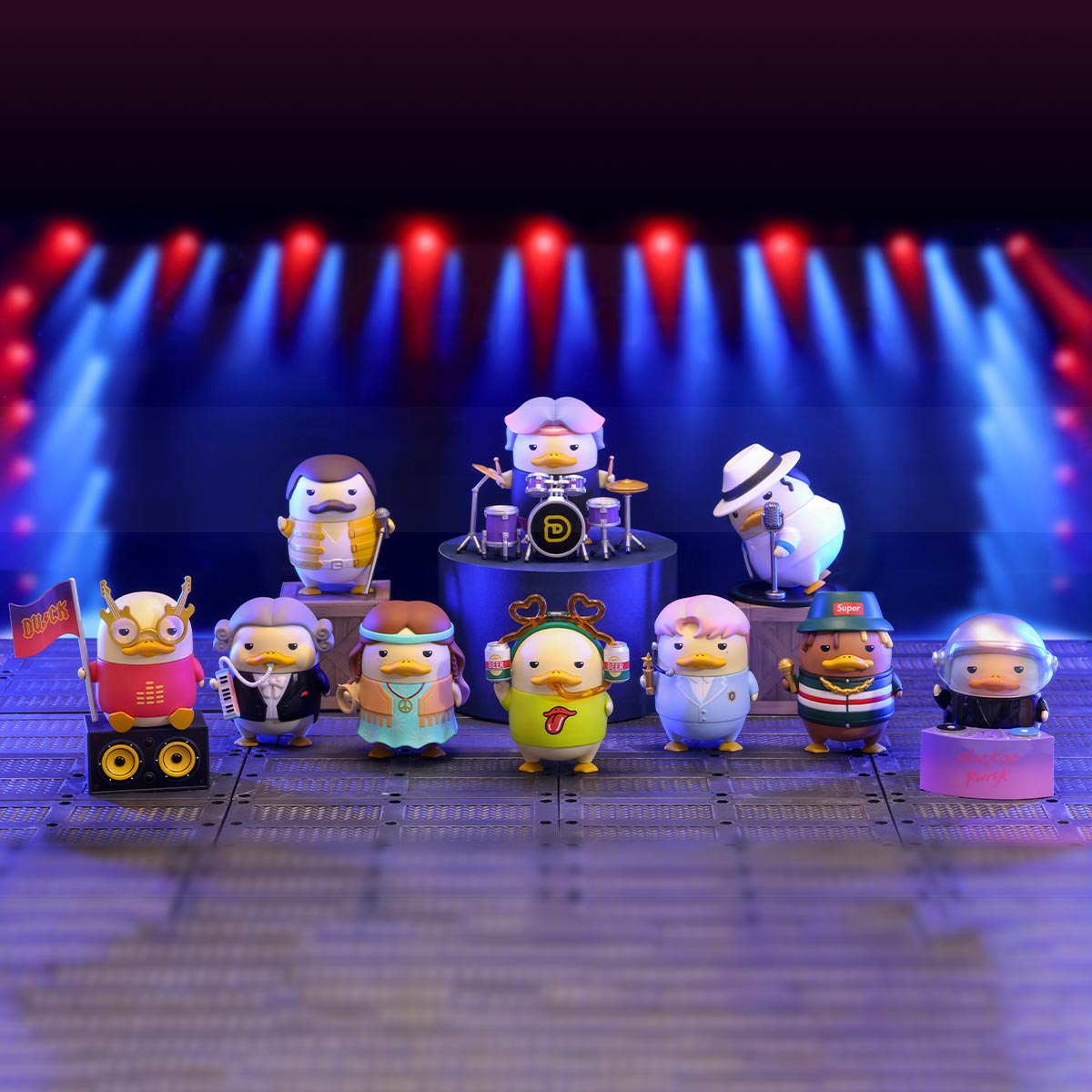 DUCKOO Music Festival Series - Preorder: Miniature duck figurines styled as iconic musicians on stage, showcasing diverse musical archetypes in a vibrant concert setup.