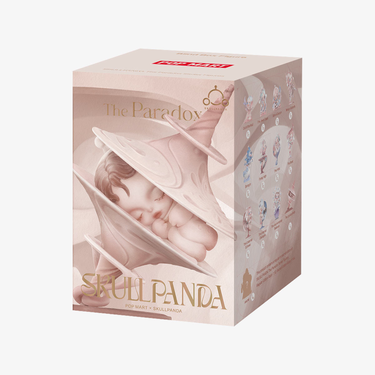 SKULLPANDA The Paradox Series Figures packaging, featuring a pastel sculpture of a sleeping infant. Includes thumbnails of series designs and a mystery chase figure.