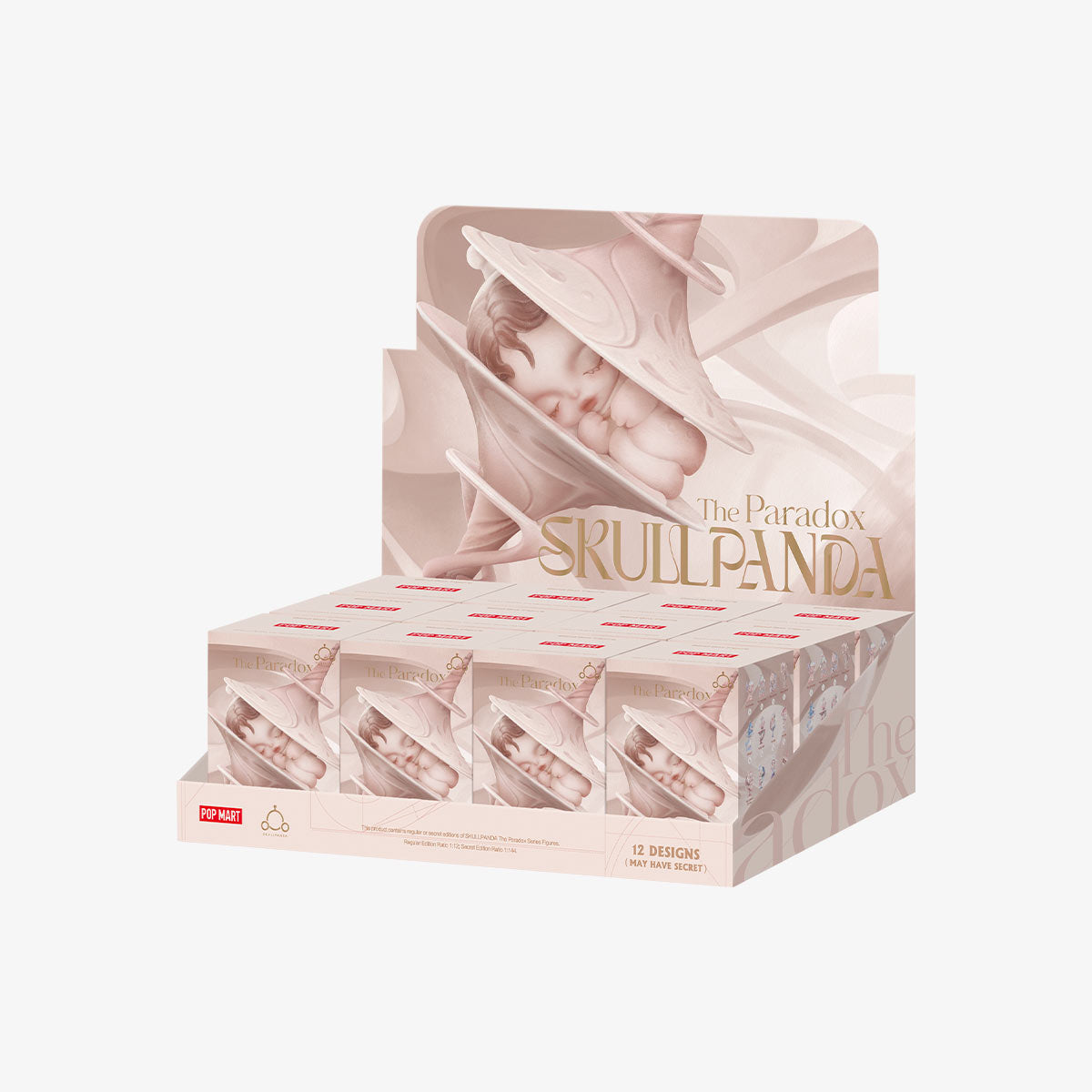 SKULLPANDA The Paradox Series Figures displayed in a tray of 12 pastel-pink blind boxes featuring collectible mystery figures. Preorder for October 2025 release.