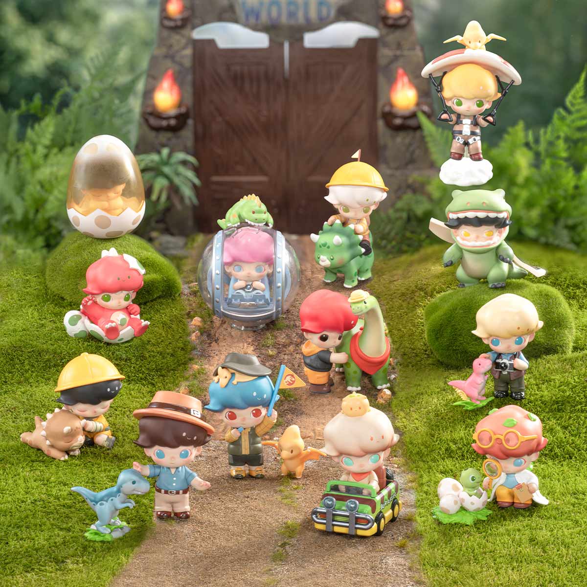 DIMOO Jurassic World Series - Preorder: A whimsical toy diorama featuring mini explorers, dinosaurs, and vehicles in a prehistoric theme-park setting, perfect for collectors.