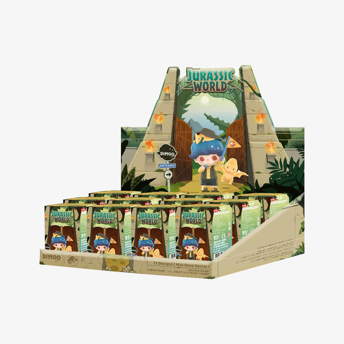 DIMOO Jurassic World Series - Preorder display with 12 blind-boxes, featuring Jurassic World logo and cartoon character. Includes 12 designs, potential secret figure.