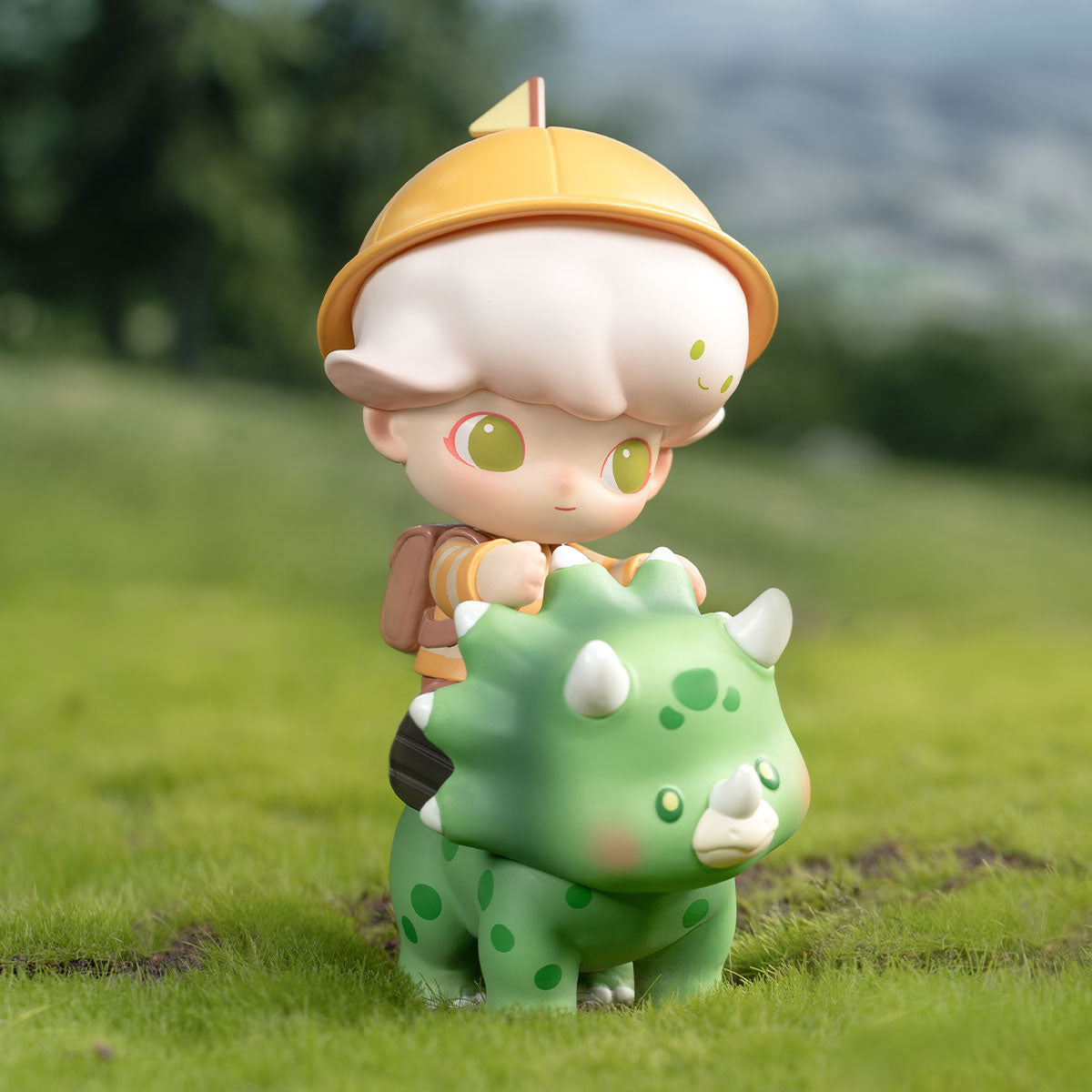 DIMOO Jurassic World Series chibi figure: character with helmet on a cartoon triceratops, preorder available. Part of 12 designs, includes potential secret.