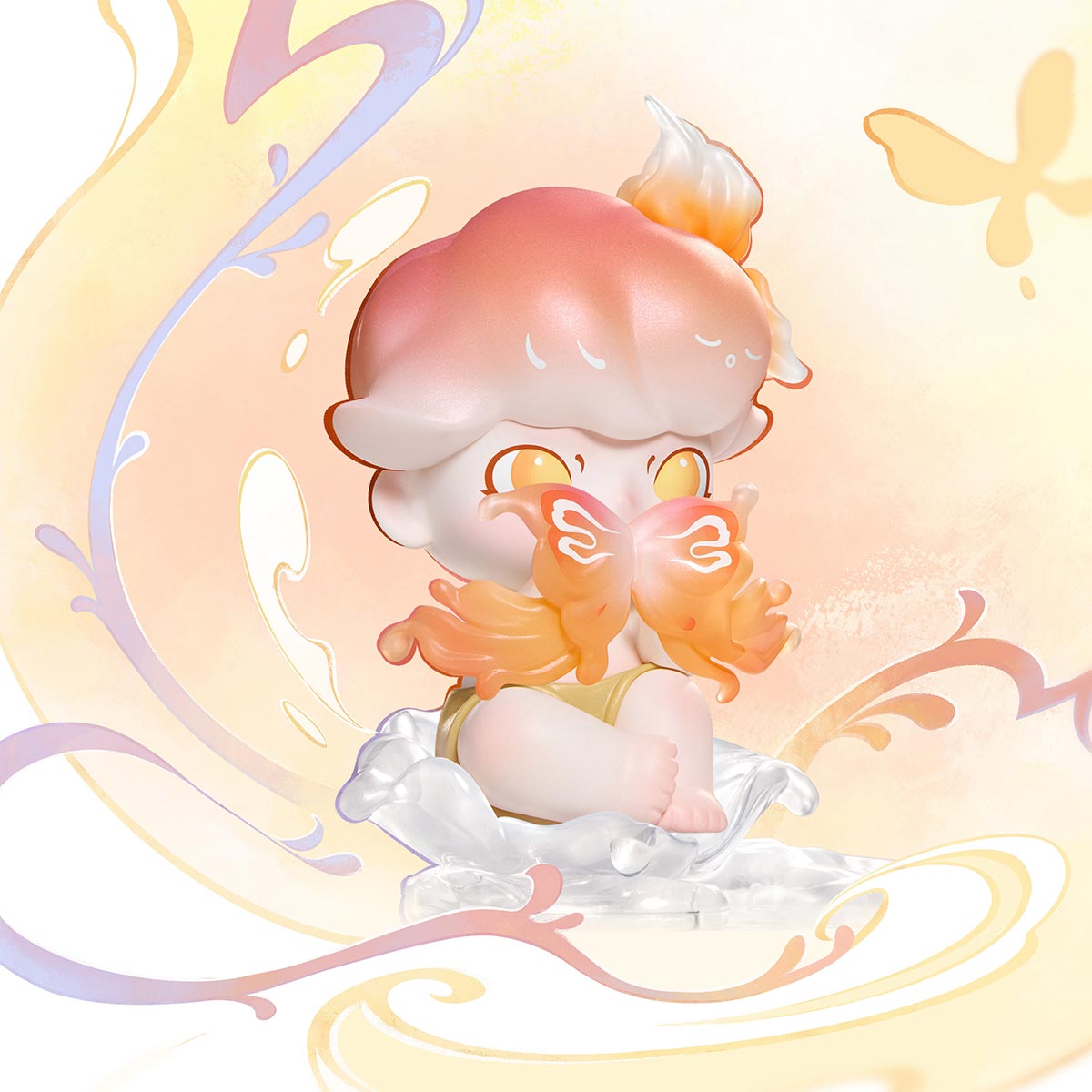DIMOO Shapes in Nature Series Figures - Preorder: A chibi figure seated on liquid waves, with peach-pink hair, golden eyes, and an ornamental mask resembling flowing fish.