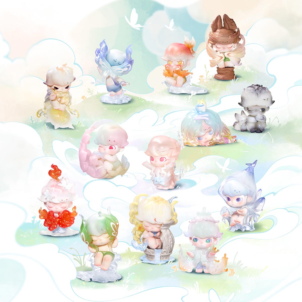 DIMOO Shapes in Nature Series Figures - Preorder: Twelve chibi zodiac-themed collectible figures on cloud bases, available as a complete set or with one secret figure.
