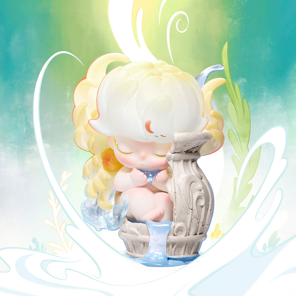DIMOO Shapes in Nature Series Figure: A cherubic figure with fluffy curls, seated in an ornate vessel, symbolizing a dreamy water-spirit. Preorder for November 2025.