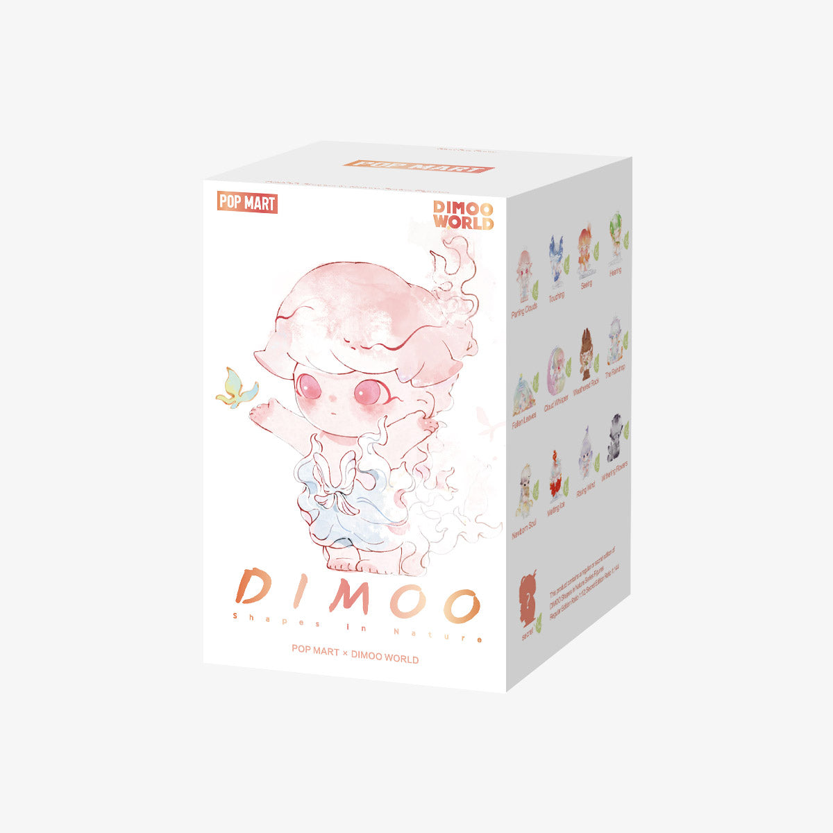 DIMOO Shapes in Nature Series Figures packaging, featuring watercolor Dimoo illustration and lineup of blind-box options. Preorder for November 2025.
