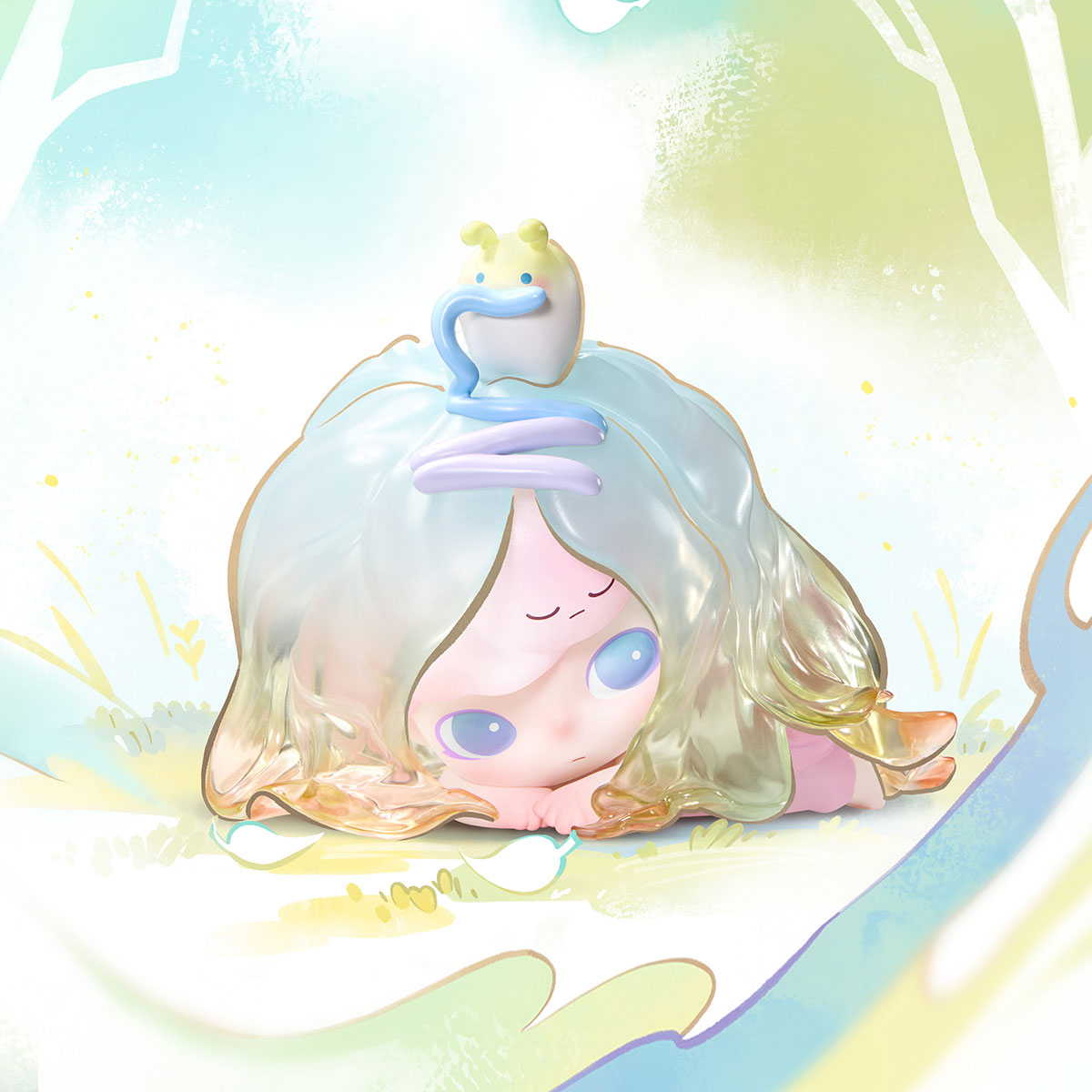 DIMOO Shapes in Nature Series Figure, featuring a chibi creature with iridescent hair and a snail friend, available for preorder at Strangecat Toys.