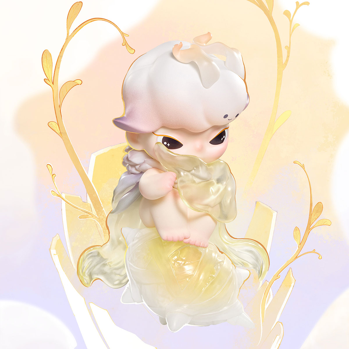 DIMOO Shapes in Nature Series figure, a cherub-like 3D toy with shiny eyes, pastel skin, and jelly-like material, available for preorder.