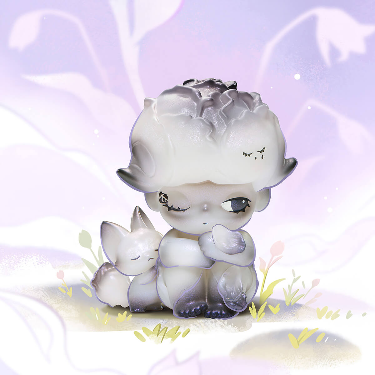 DIMOO Shapes in Nature Series Figures - Preorder: A chibi creature with a cloud-like head and fox companion, illustrating whimsy and comfort.