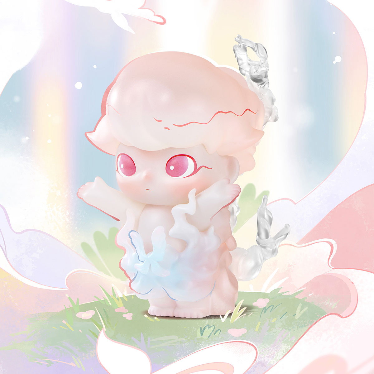 DIMOO Shapes in Nature Series figure, a chibi-style spirit with cloud-like body and translucent tail, set on grass, available for preorder at Strangecat Toys.