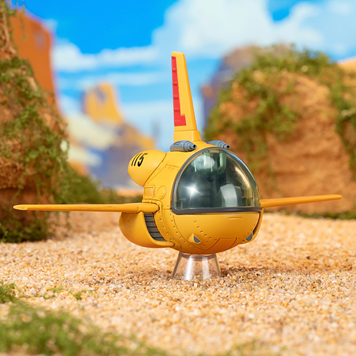 DRAGON BALL-Alloy Vehicles Series model, yellow spherical aircraft with bubble cockpit, on display stand. Preorder for Strangecat Toys' blind box collection, ships Oct 2025.