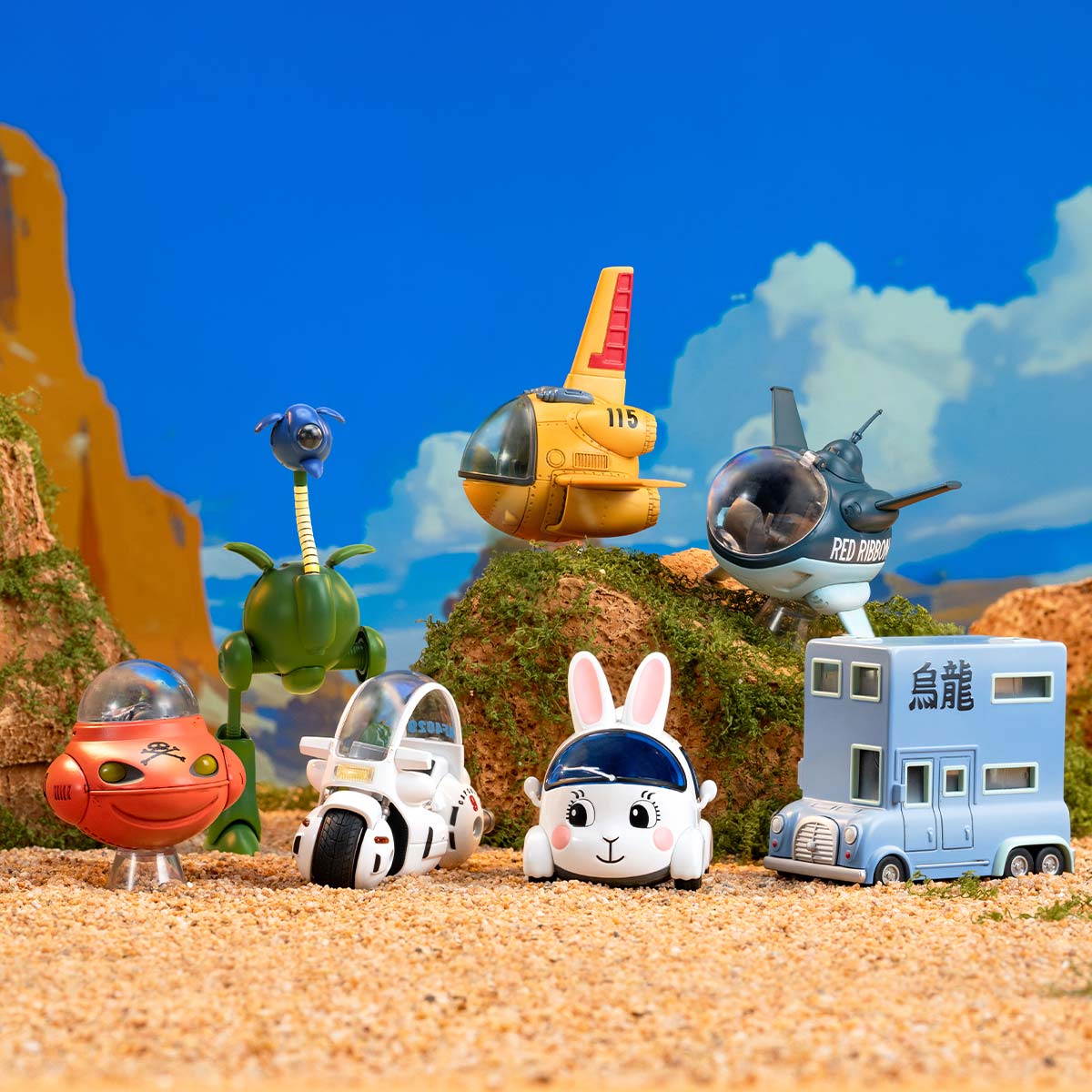 DRAGON BALL-Alloy Vehicles Series Figures, whimsical toy models in a desert diorama, featuring futuristic designs like a dino walker and bunny car. Preorder for October 2025 release.