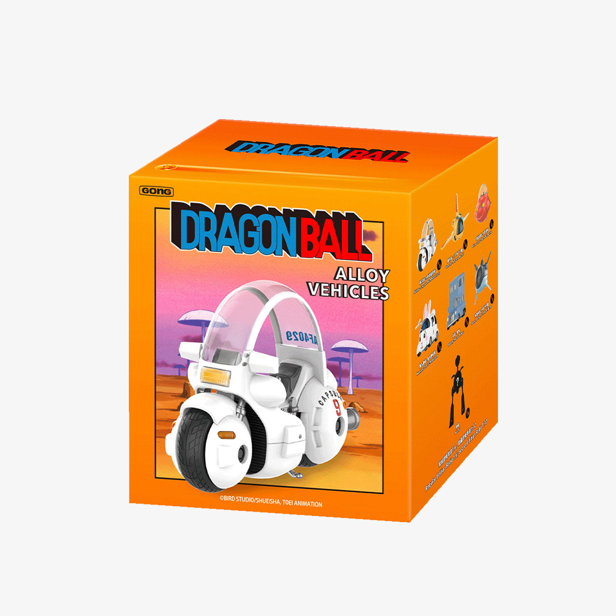 Dragon Ball-Alloy Vehicles Series Figures in orange blind-box packaging, featuring Capsule Corp. motorcycle and illustrations of other die-cast vehicles. Preorder for Oct 2025.
