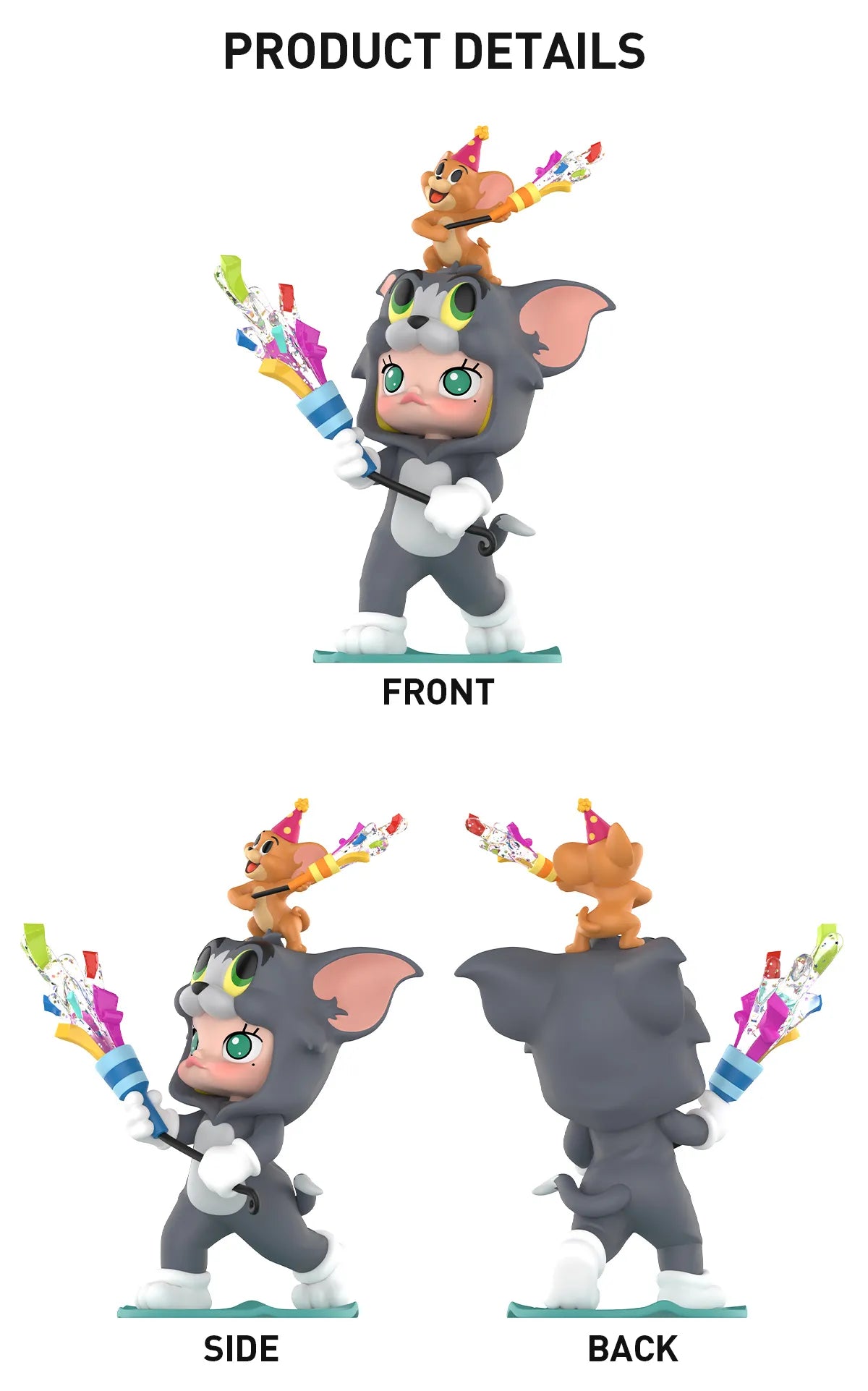 MOLLY × TOM & JERRY Figurine in a cat costume, holding a confetti launcher, with a mouse atop, all in playful chibi style. Preorder available.