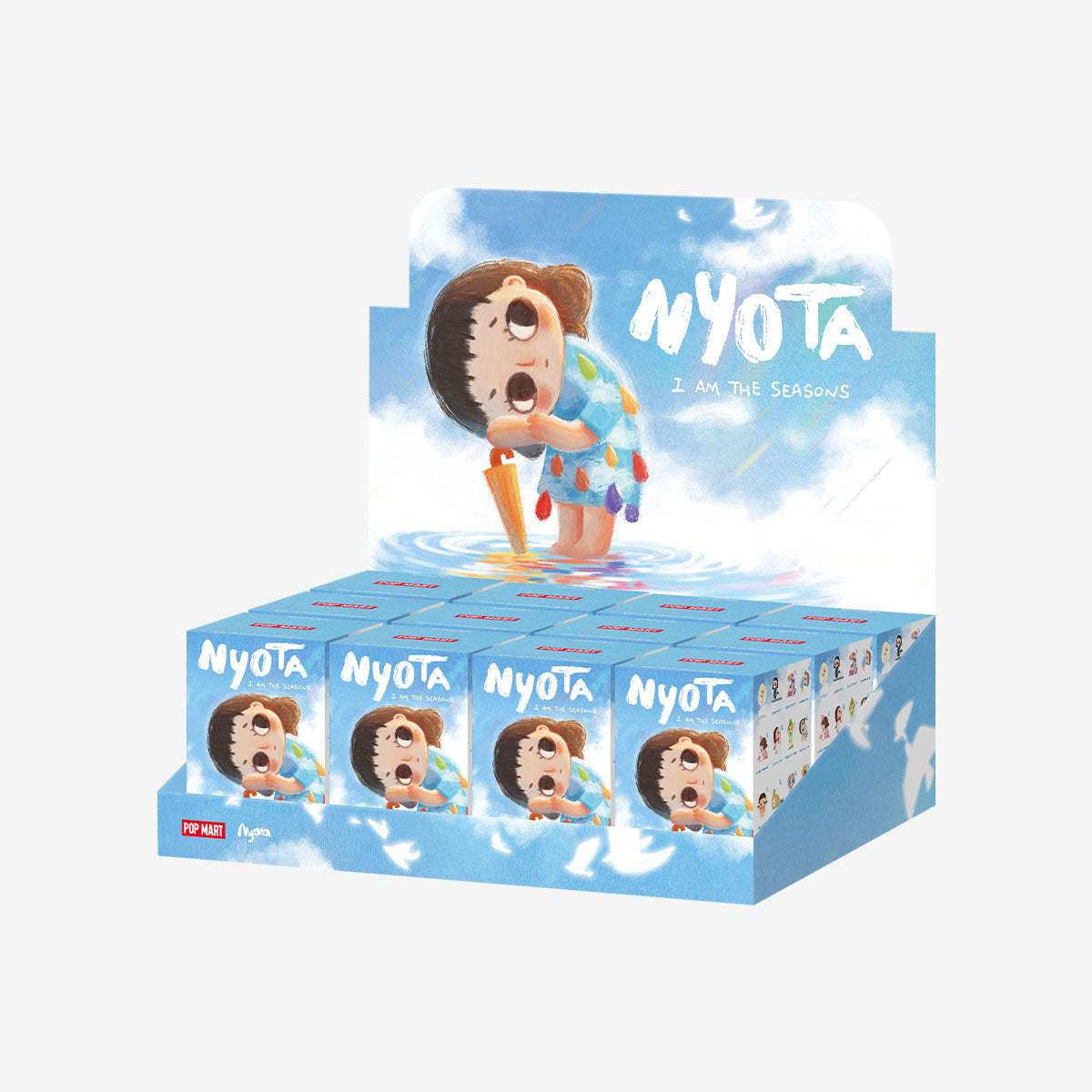 Nyota I Am the Seasons Series Figures - Preorder display with sky-blue boxes featuring a cartoon girl, highlighting collectible blind-box toys from Pop Mart.