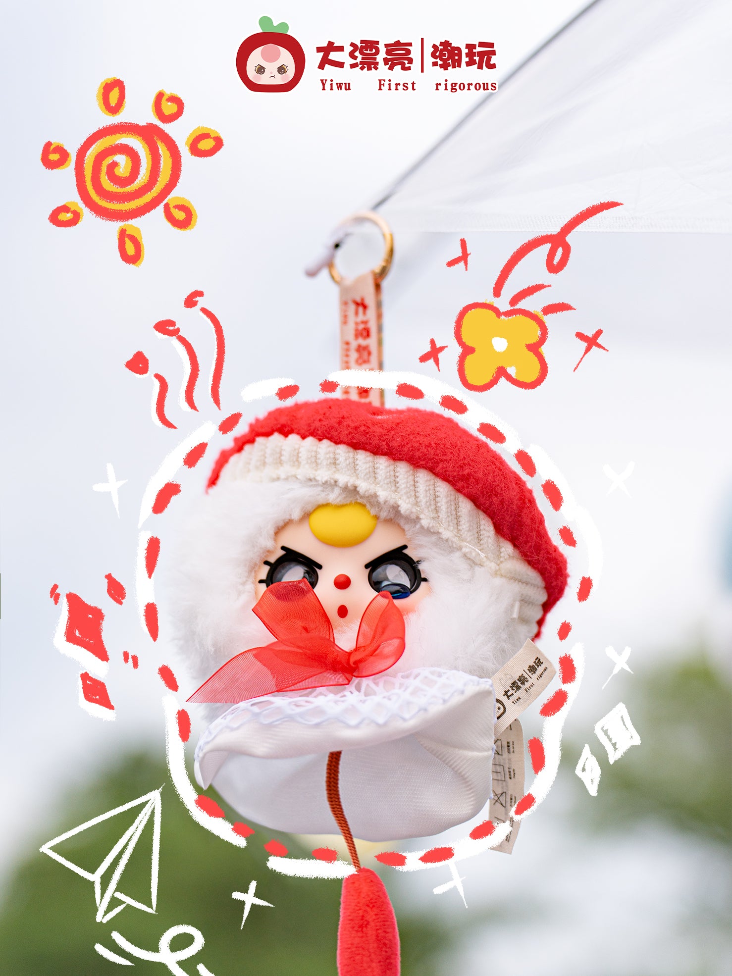 Baby Three - Sunny Doll plush key-chain with cartoon eyes, red bow, and fluffy hood, featuring brand logo and playful doodles. Preorder available from Strangecat Toys.