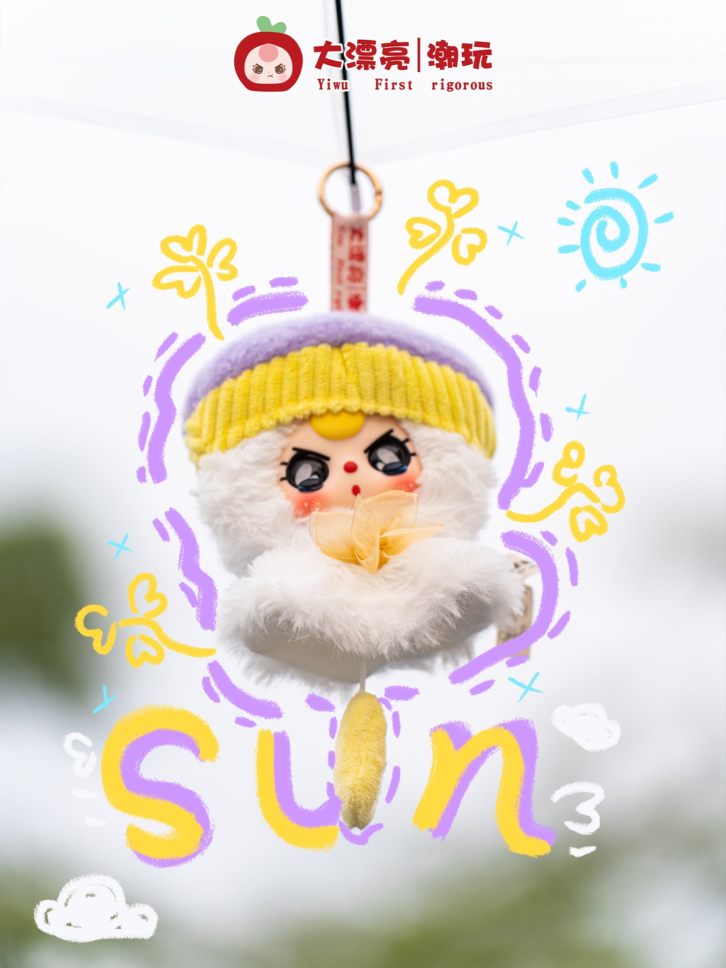 Baby Three - Sunny Doll plush charm with big eyes and rosy cheeks, wearing a knit cap, surrounded by playful doodles. Preorder from Strangecat Toys.