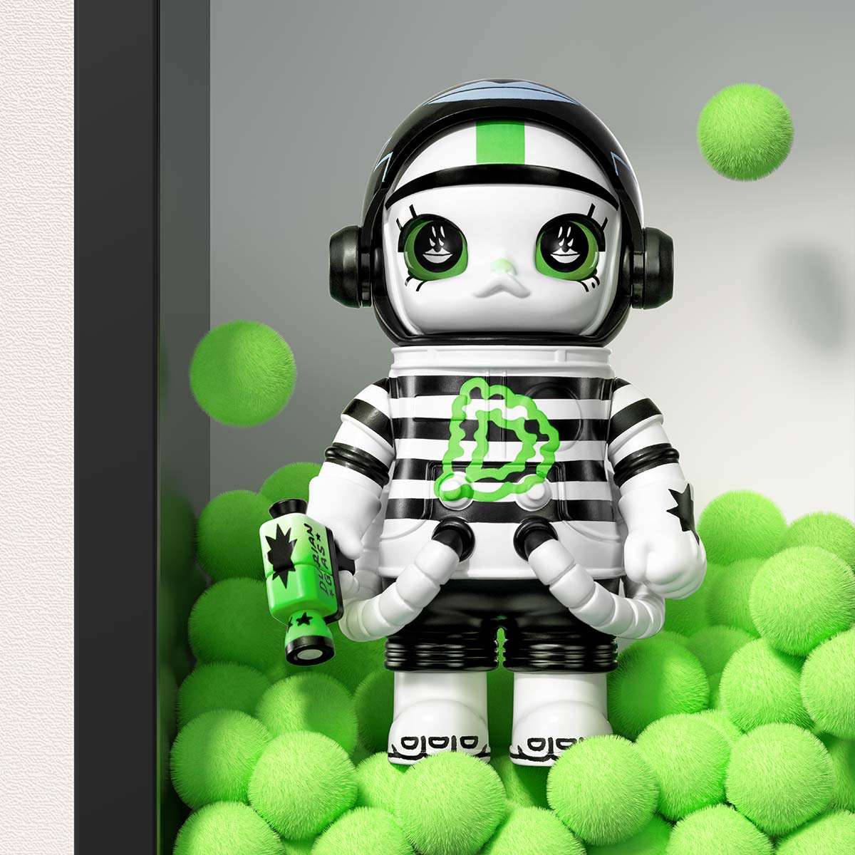 MEGA SPACE MOLLY 100% Blind Box Series 4 toy figure, cat-astronaut design, glossy helmet, blaster, in green pom-pom tray, preorder for September 2025 release.