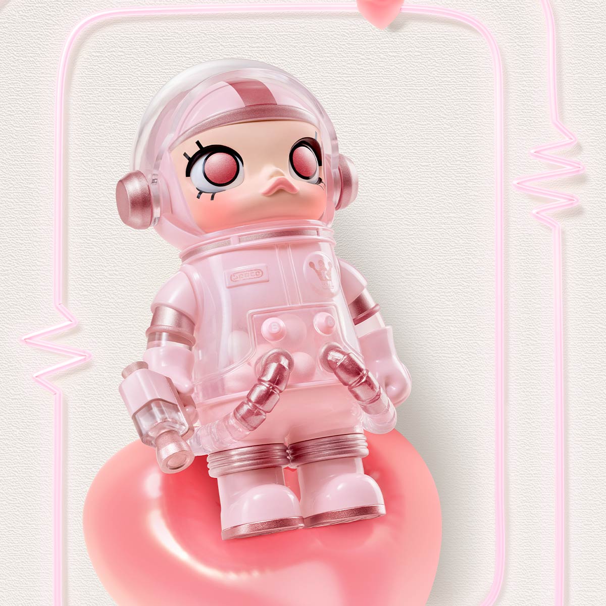 MEGA SPACE MOLLY 100% Blind Box Series 4 features a toy figure in a glossy pink spacesuit, seated on a heart-shaped cushion with oversized eyes and rosy cheeks.