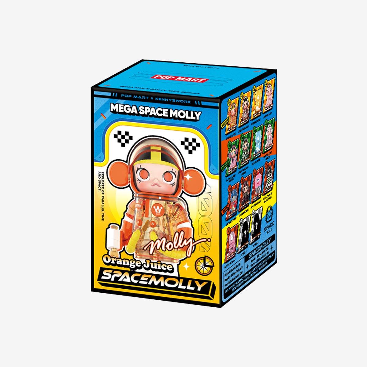 MEGA SPACE MOLLY 100% Blind Box Series 4 packaging, featuring Molly in an orange spacesuit with juice, part of a 9-design collection by Pop Mart and Kenny’s Work.