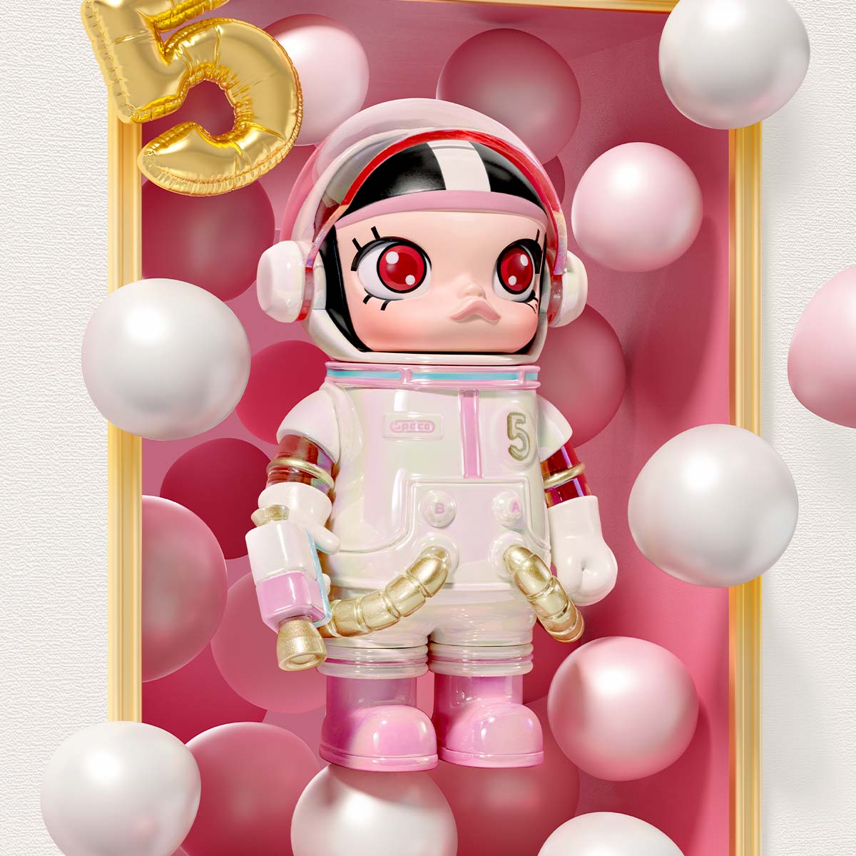 Chibi-style astronaut figure from MEGA SPACE MOLLY 100% Blind Box Series 4, featuring a glossy spacesuit and gold accents, amidst floating pearl spheres and a 5 balloon.