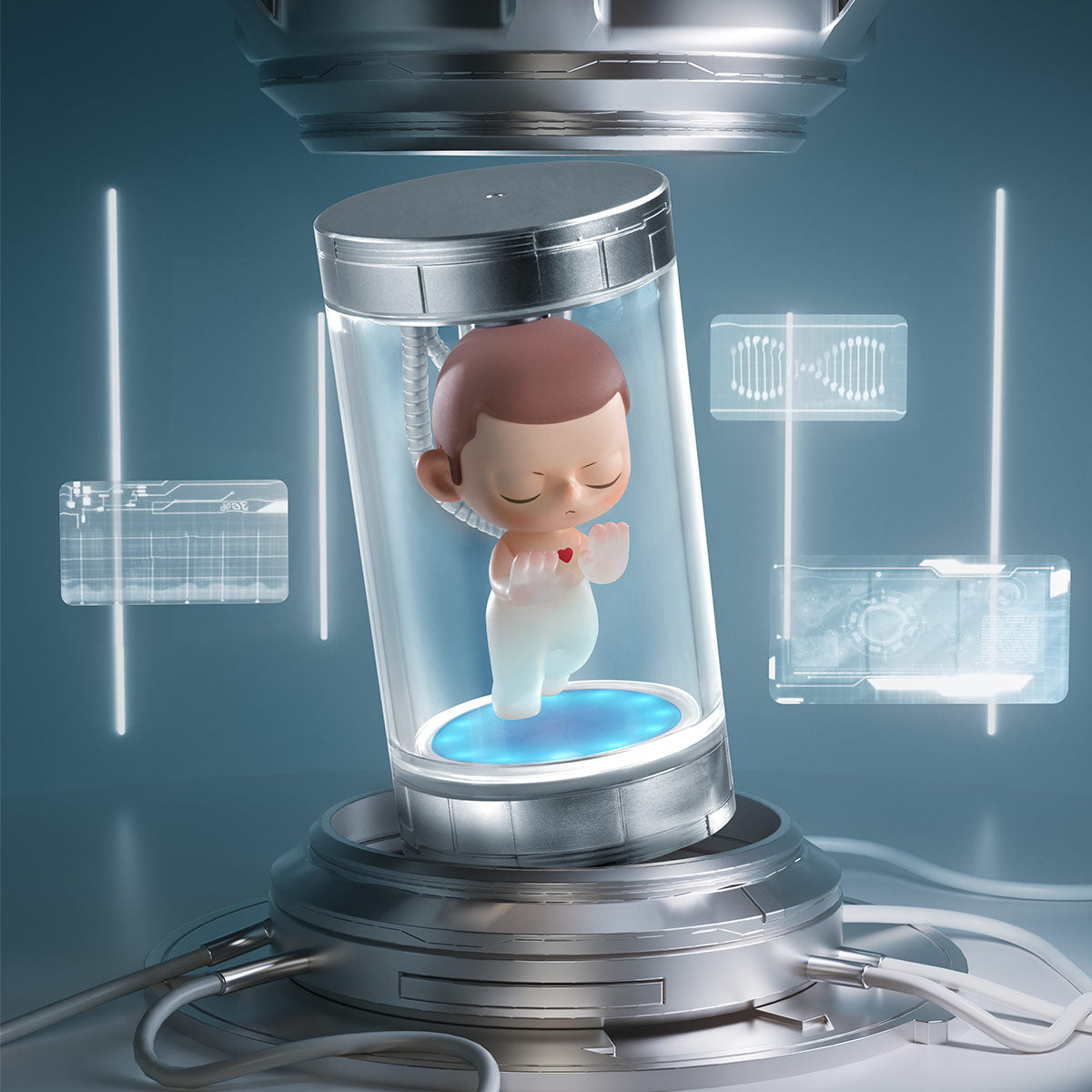 KUBO City of Sunset Series Figure: Futuristic 3D-render of a baby in an artificial-womb chamber with holographic displays and heart symbol, part of a collectible art toy series.