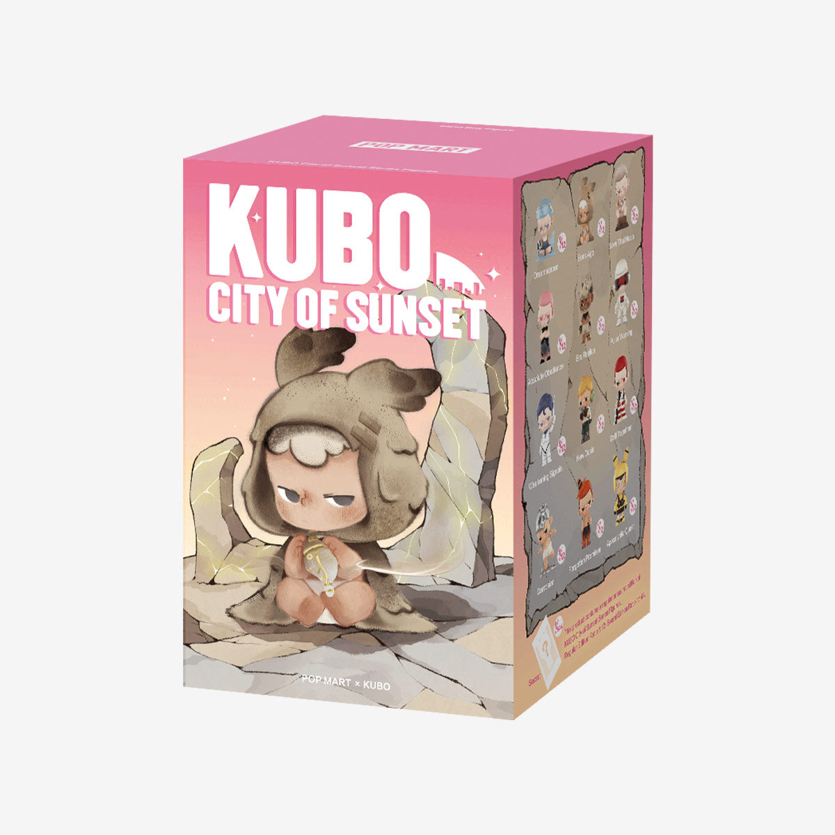 KUBO City of Sunset Series Figures packaging, featuring a chibi character in animal-eared hood at sunset. Box side shows possible collectible figures lineup.