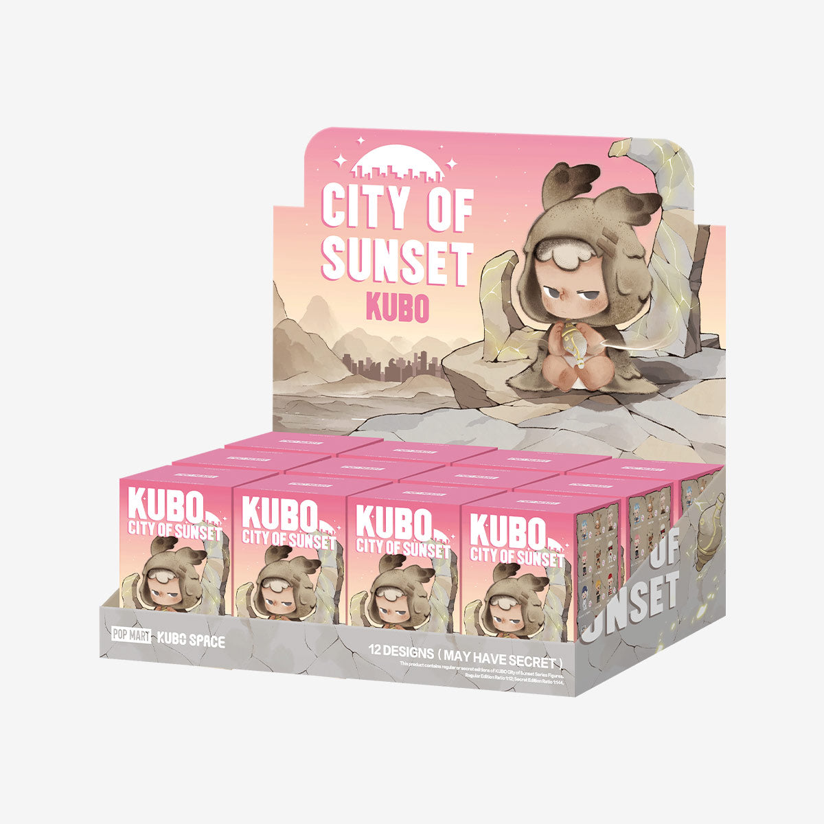 KUBO City of Sunset Series Figures displayed in a 12-box countertop set, each box revealing one of twelve collectible designs, including a secret variant.