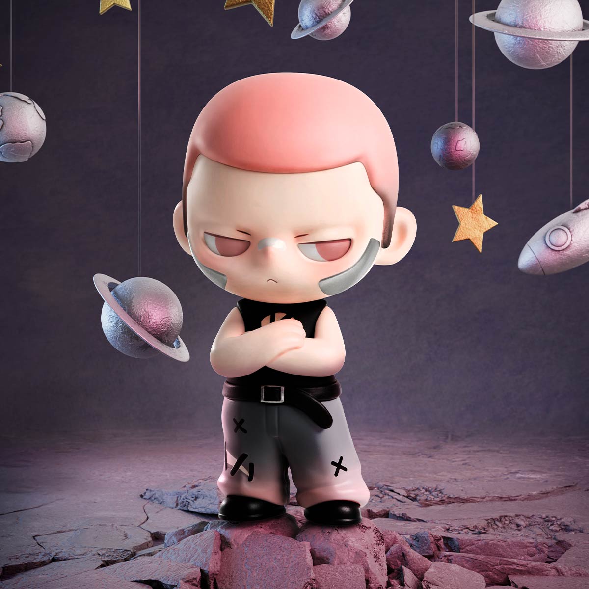 KUBO City of Sunset Series Figure on rocky surface with pink-haired, grumpy expression, surrounded by metallic planets and stars, showcasing art toy creativity.