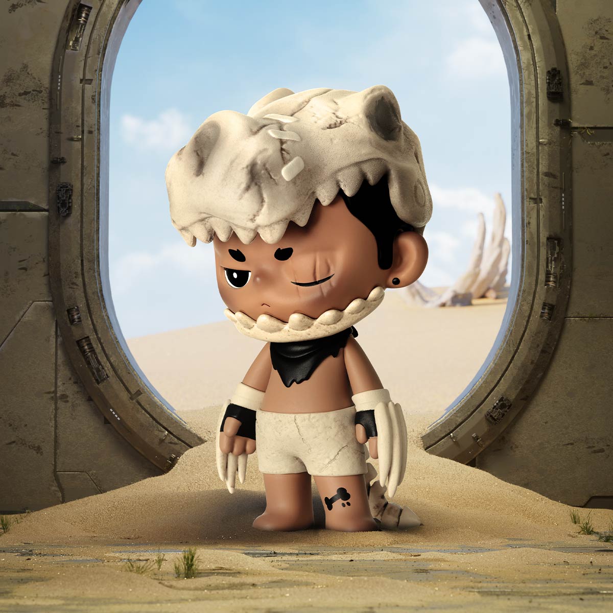 KUBO City of Sunset Series Figures: A child-sized character with bone helmet stands in a desert doorway, embodying post-apocalyptic vinyl toy style.