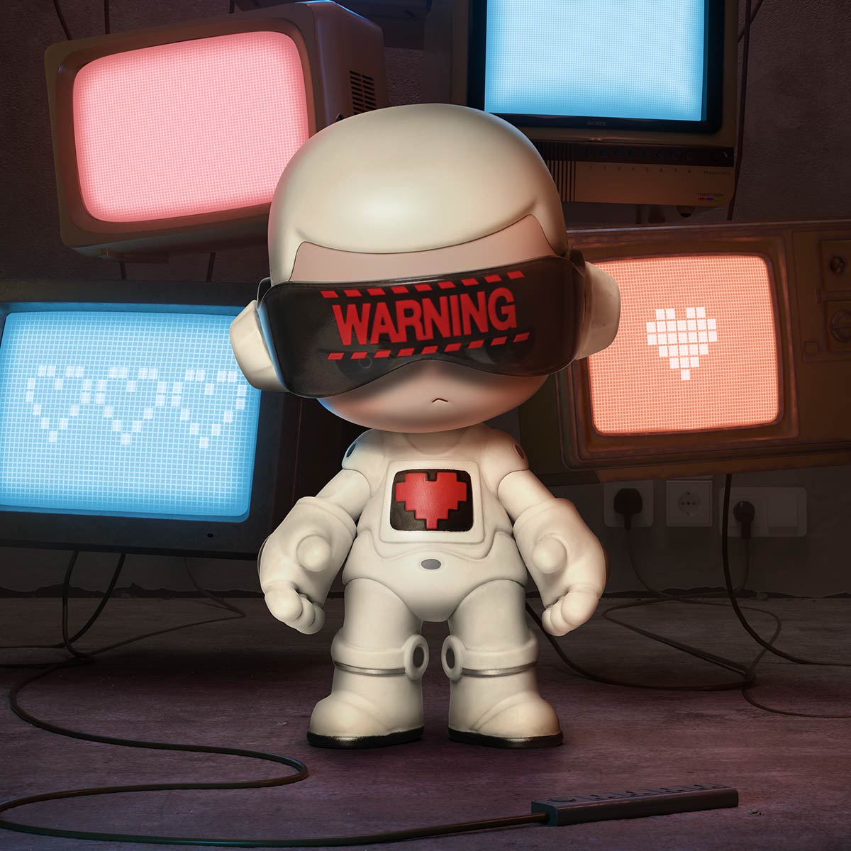 KUBO City of Sunset Series Figure: A stylized astronaut stands before CRT monitors, showcasing tech-y retro vibes with a standout pixel-heart emblem.