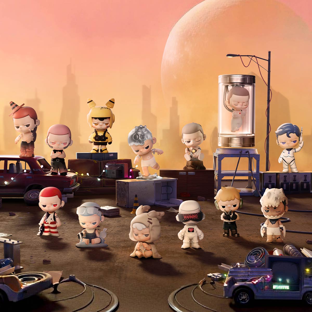 KUBO City of Sunset Series Figures: Chibi-style sci-fi figurines in a futuristic diorama, featuring 12 designs, set in an alien junkyard scene.