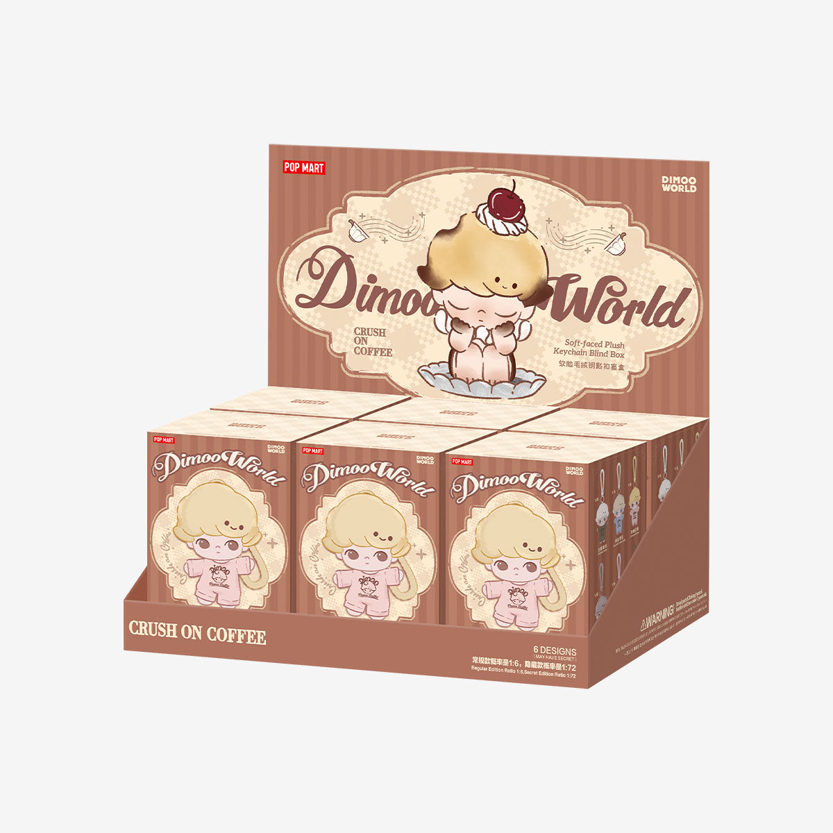 DIMOO Crush on Coffee Series-Soft-faced Plush Keychain Blind Box display featuring six coffee-themed designs by POP MART, available for preorder at Strangecat Toys.