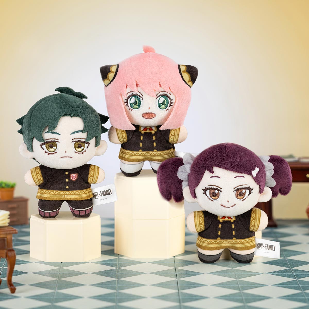 SPY × FAMILY Character Series Plush Blind Box - Preorder: Plush dolls of Damian, Anya, and Becky in school uniforms on pedestals, available for preorder at Strangecat Toys.